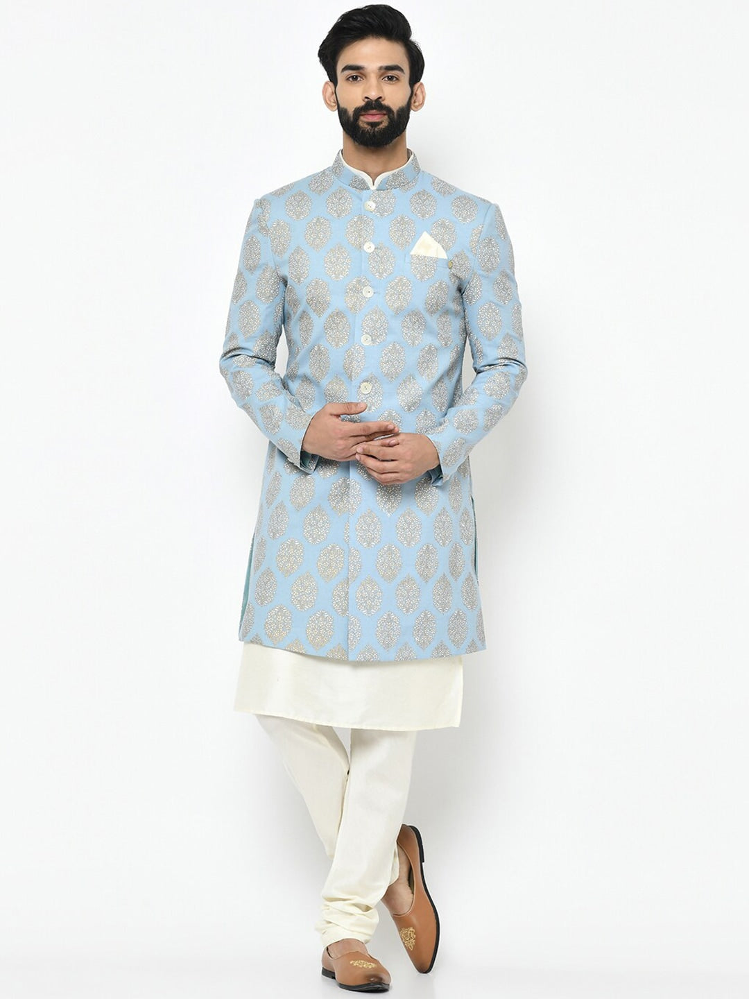 KISAH Men Printed Mandarin Collar Long Sleeves Sherwani Set - Distacart