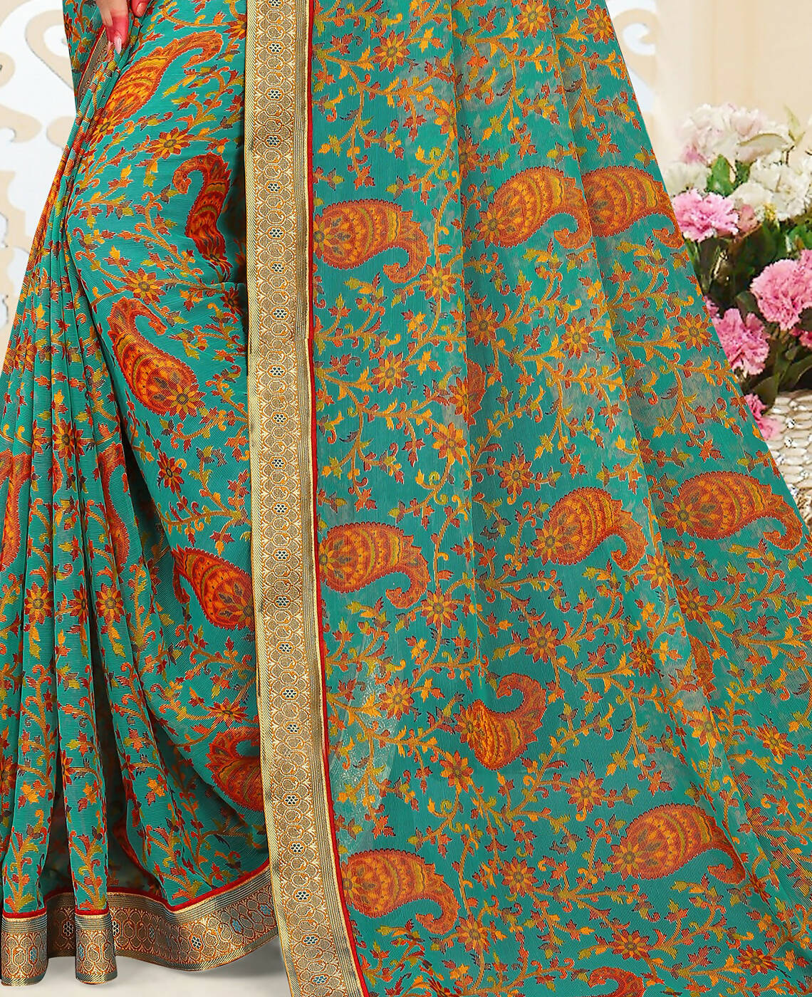Sea Green Chiffon Brasso Printed Saree With Unstitched Blouse Piece - Jyoti - Distacart