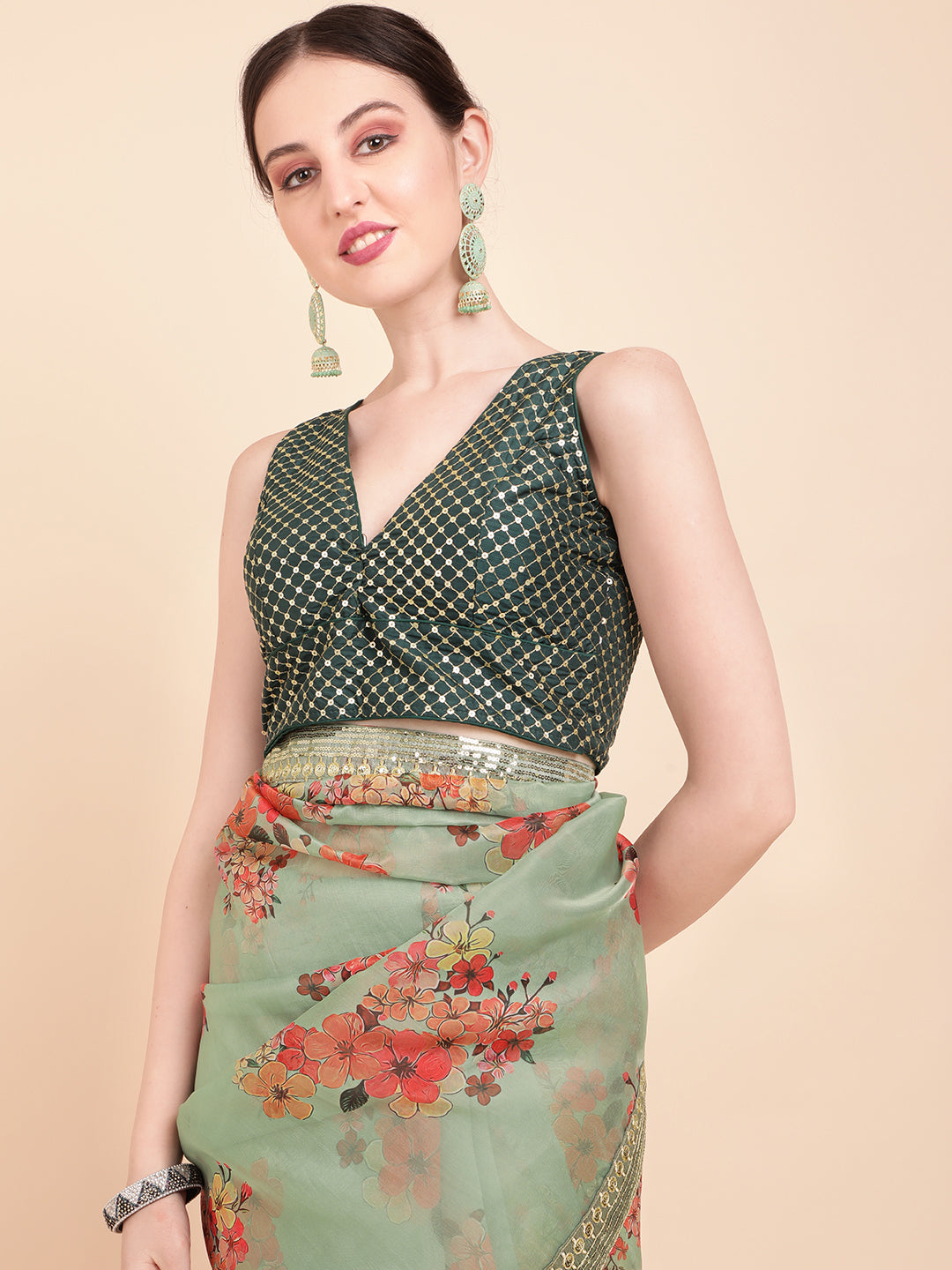 Sangria Olive Green & Red Floral Printed Organza Saree With Sequinned Blouse piece - Distacart