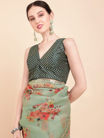 Thumbnail for Sangria Olive Green & Red Floral Printed Organza Saree With Sequinned Blouse piece - Distacart