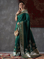 Thumbnail for Mitera Green & Gold-Toned Abstract Woven Design Zari Kanjeevaram Saree - Distacart