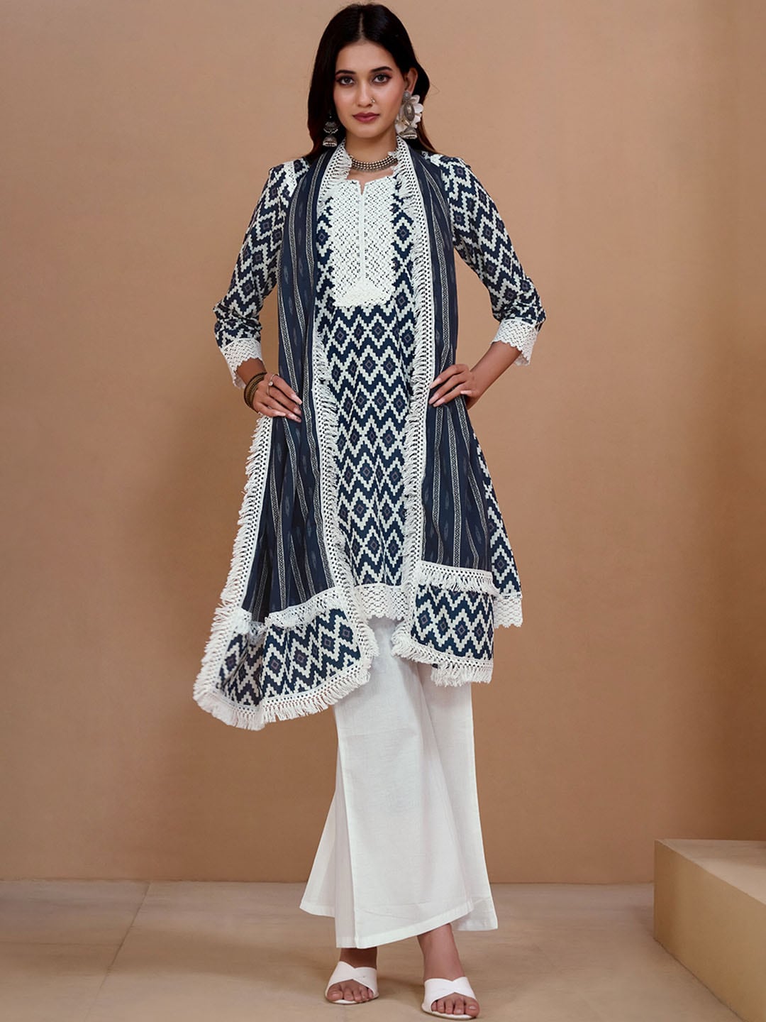 Sangria Navy Blue & White Geometric Printed Pure Cotton Kurta With Palazzos & Dupatta - Distacart
