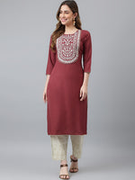 Thumbnail for Khushal K Women Burgundy Yoke Design Kurta - Distacart