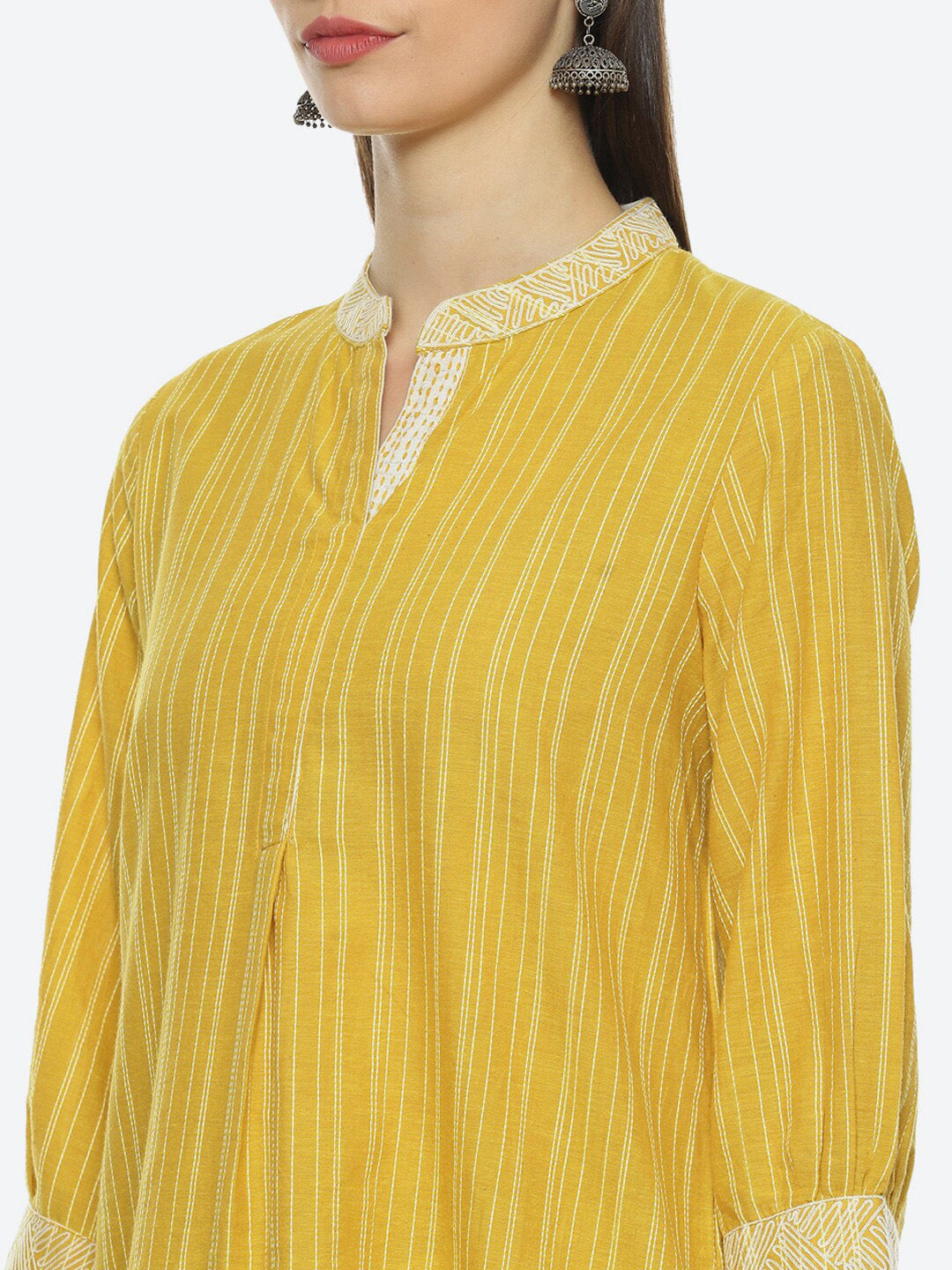 Biba Mandarin Collar Striped Kurti with Trousers - Distacart