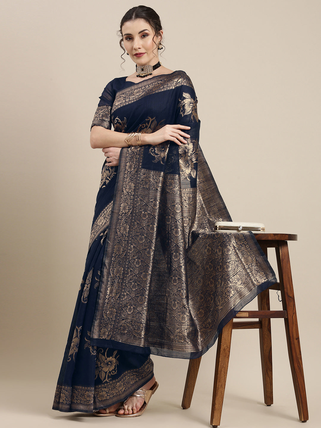 Saree Mall Navy Blue Floral Linen Blend Banarasi Saree - Distacart