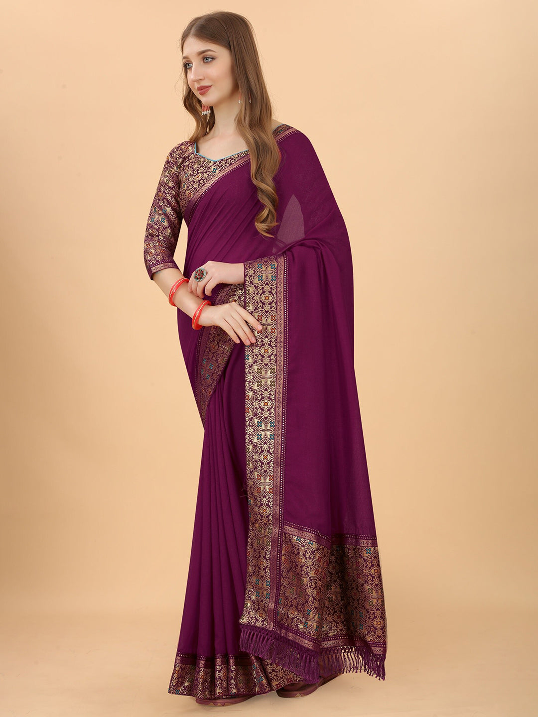 Kalini Purple & Red Pure Silk Saree - Distacart