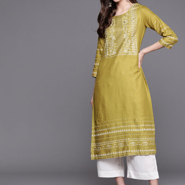 Biba Women Green & White Printed Kurta with Crop Palazzos - Distacart