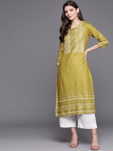 Biba Women Green & White Printed Kurta with Crop Palazzos - Distacart