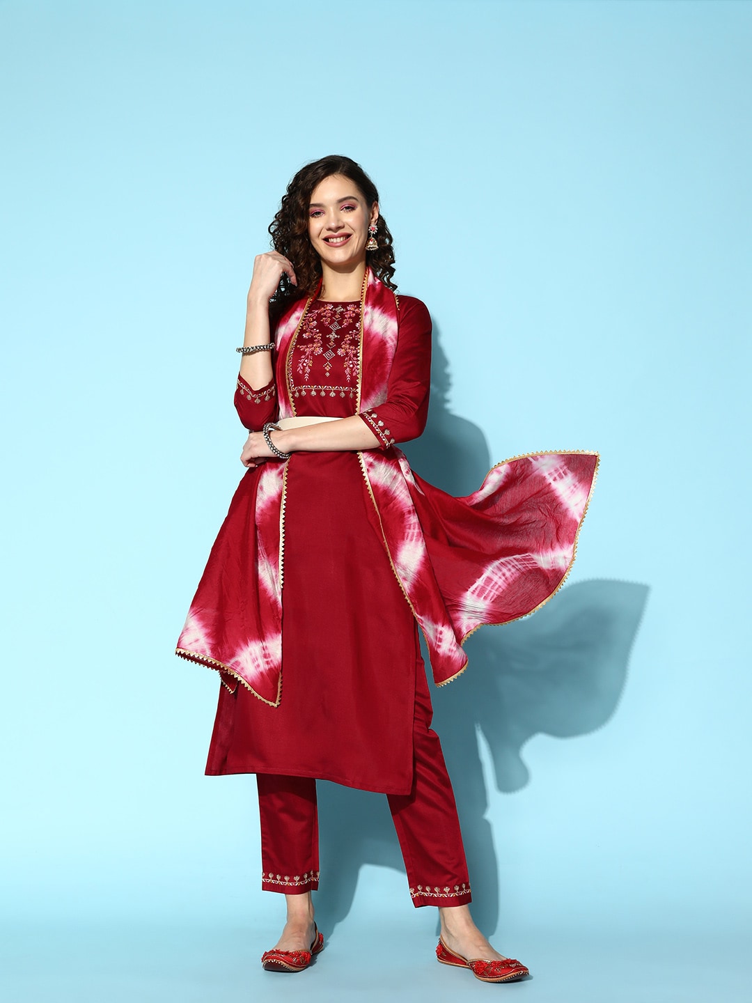 Sangria Embroidered Thread Work Kurta with Trousers & With Dupatta - Distacart