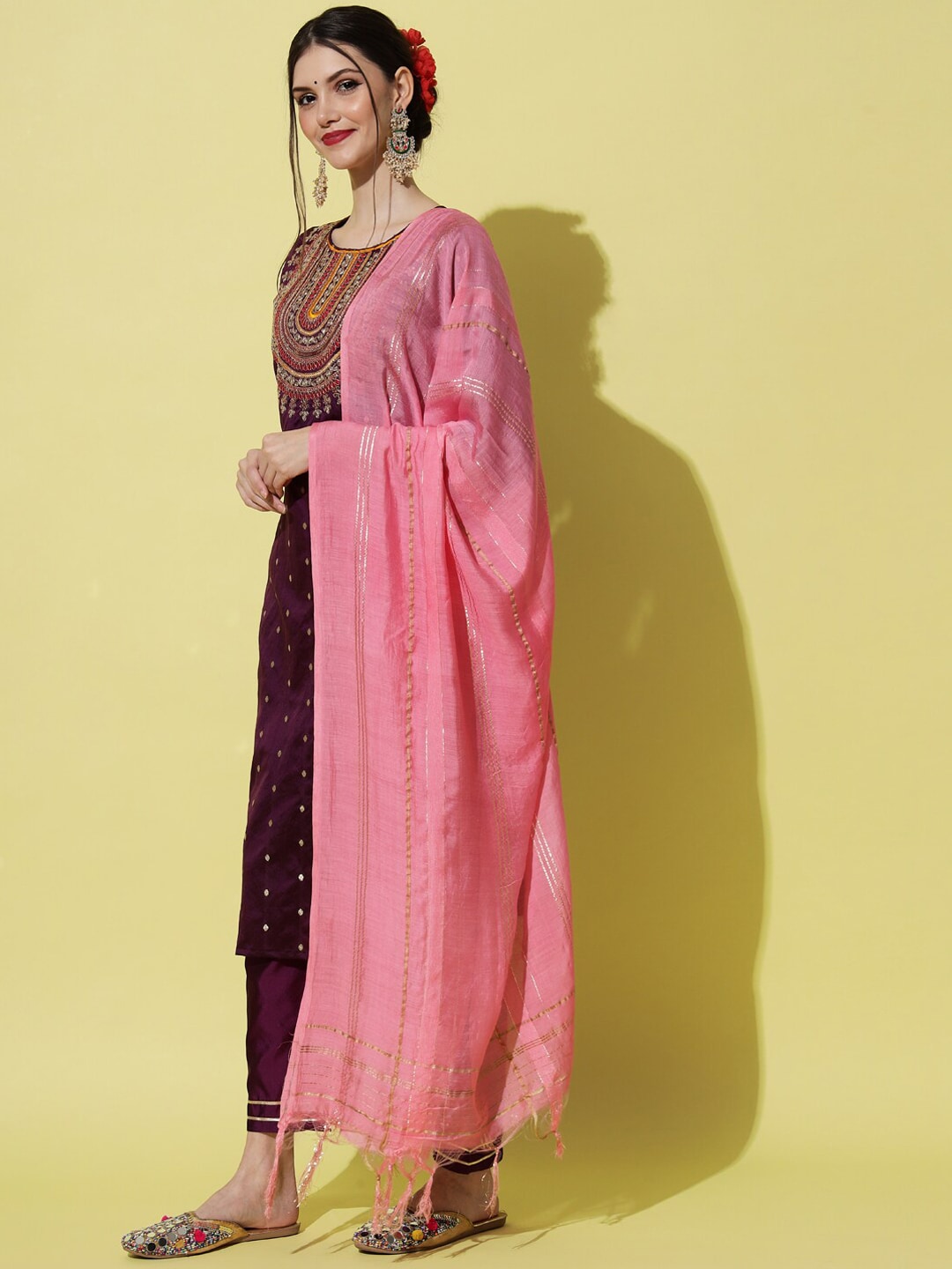Kalini Ethnic Motifs Yoke Design Regular Thread Work Kurta with Trousers & With Dupatta - Distacart