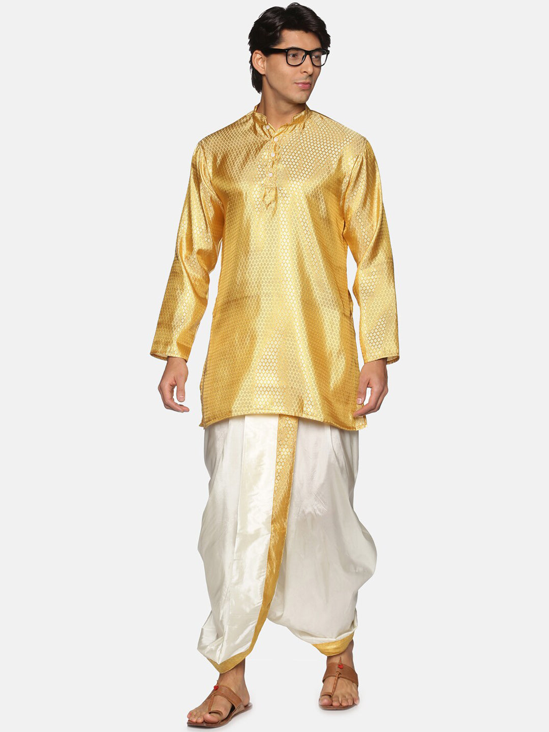 Sethukrishna Men Gold-Toned & White Kurta with Dhoti Pants - Distacart