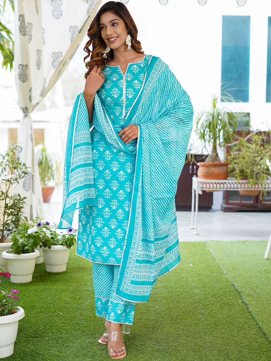 Kalini Floral Printed Lace Detail Pure Cotton Kurta with Trousers & Dupatta - Distacart