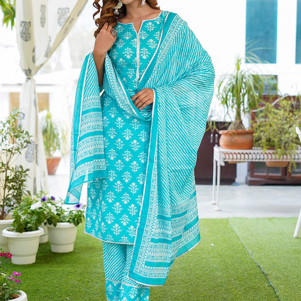 Kalini Floral Printed Lace Detail Pure Cotton Kurta with Trousers & Dupatta - Distacart