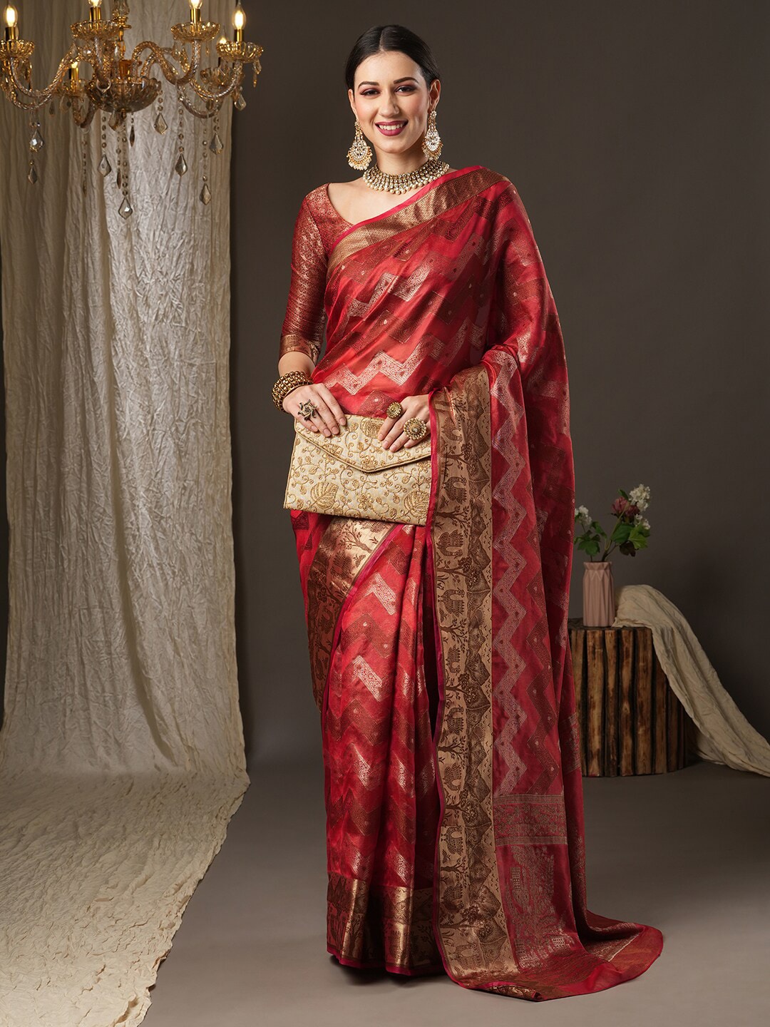 Saree Mall Pink & Gold-Toned Woven Design Zari Silk Blend Bagru Sarees - Distacart