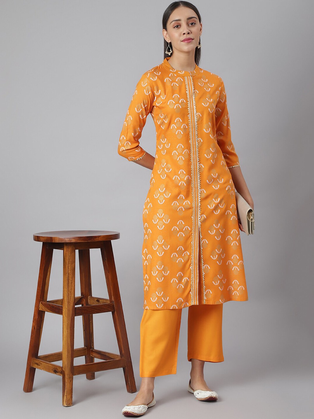 Khushal K Women Mustard Yellow Floral Printed Regular Kurta with Palazzos - Distacart