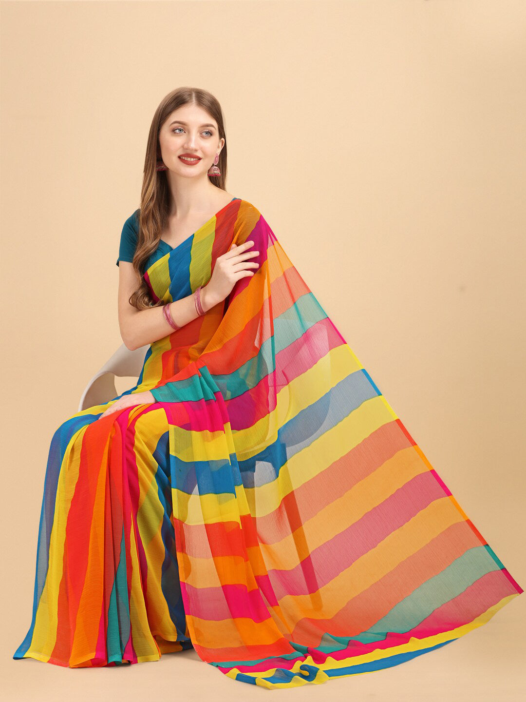 Sangria Yellow & Turquoise Blue Colourblocked Pure Chiffon Saree - Distacart