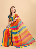 Thumbnail for Sangria Yellow & Turquoise Blue Colourblocked Pure Chiffon Saree - Distacart