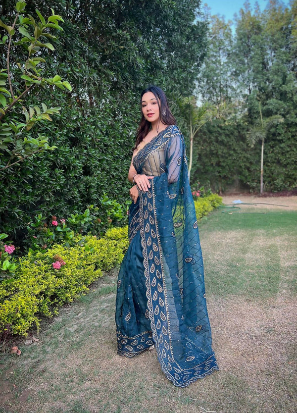 Vamsee Sky Organza Saree - Distacart