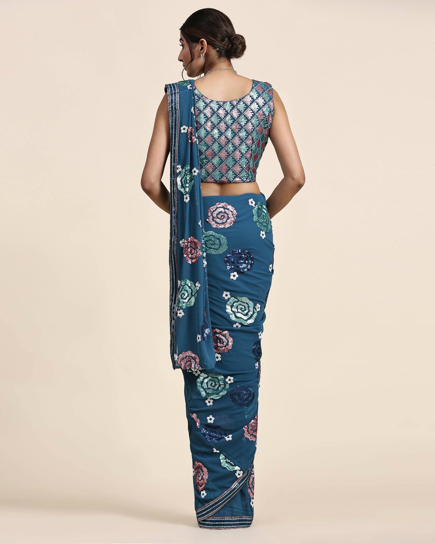 Blue Pure Georgette Sequence work Ready to wear Saree with stitched Blouse - Nirvana - Distacart