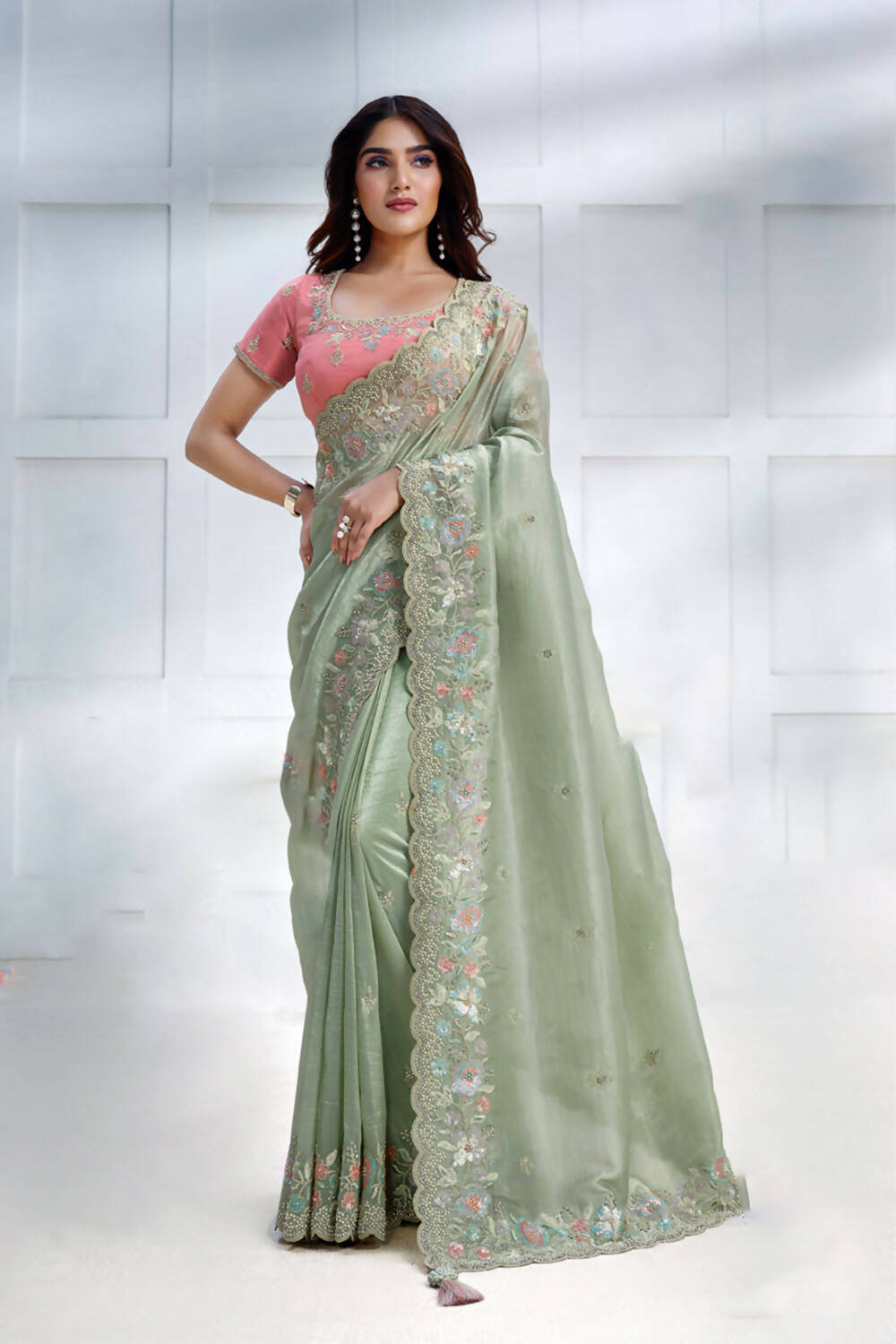 Green Banarasi Crush silk Sequence Embroidered with Stone work Saree - Mohmanthan Majestica - Distacart