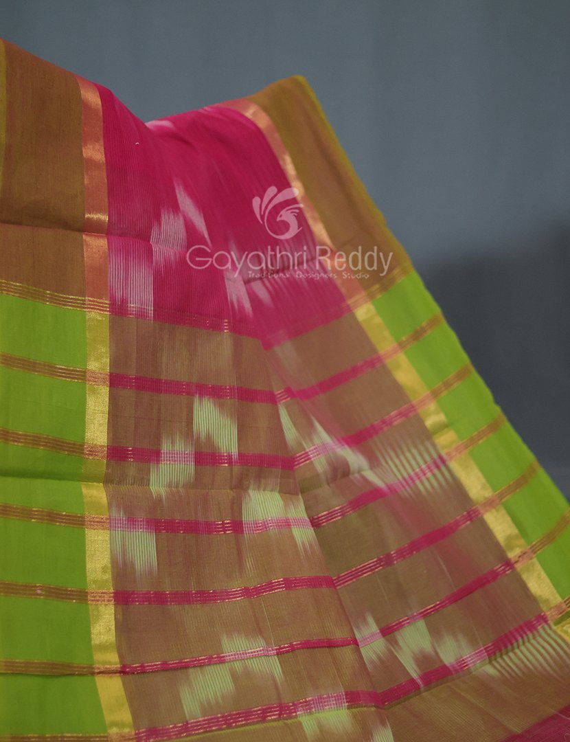 Dual Shades of Rose Pink And Parrot Green Mangalagiri Ikkat Cotton Saree By Gayathri Reddy Designer Studio - Distacart
