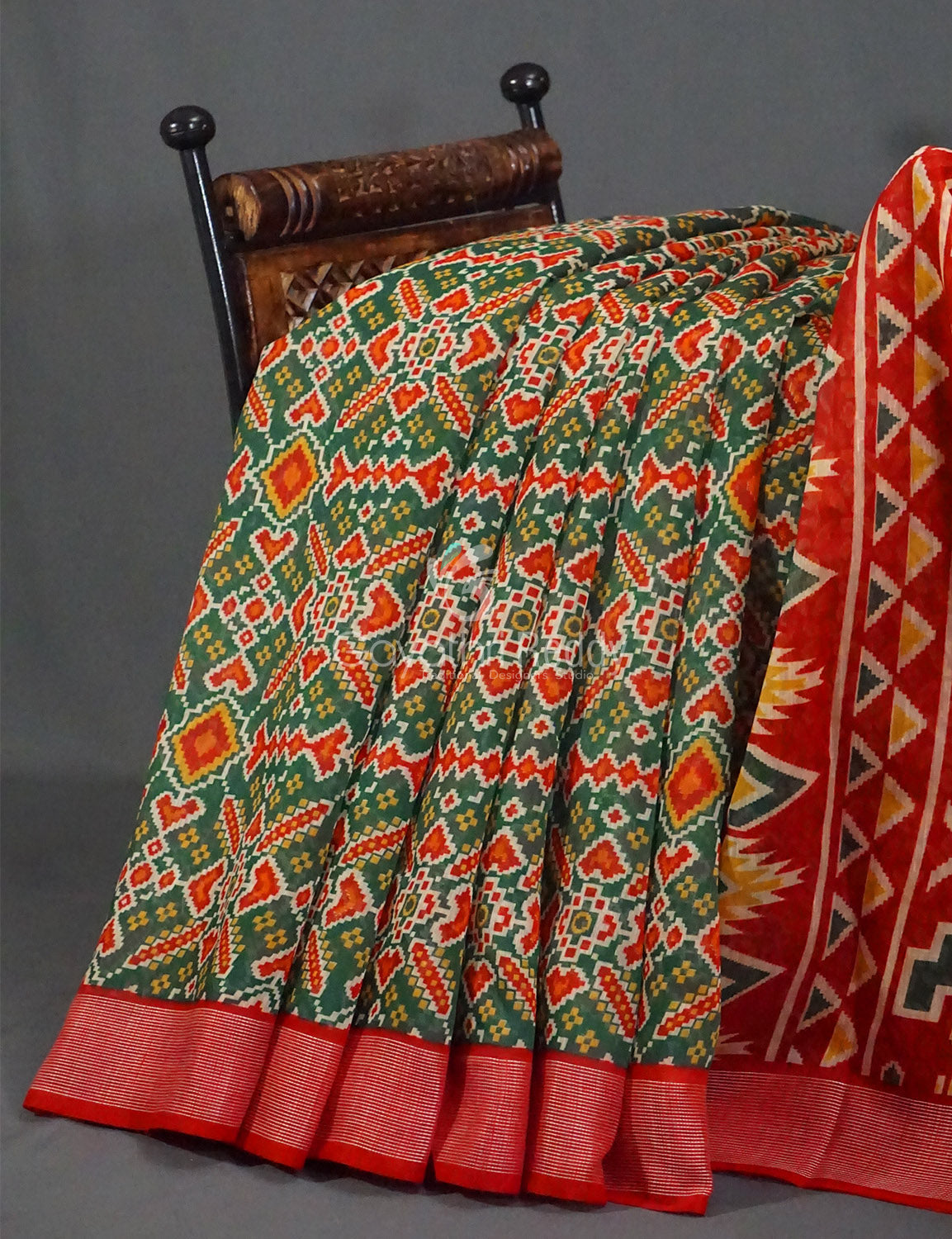 Combo of Parrot Green and Red Patola Print Semi Chanderi Saree By Gayathri Reddy Designer Studio - Distacart