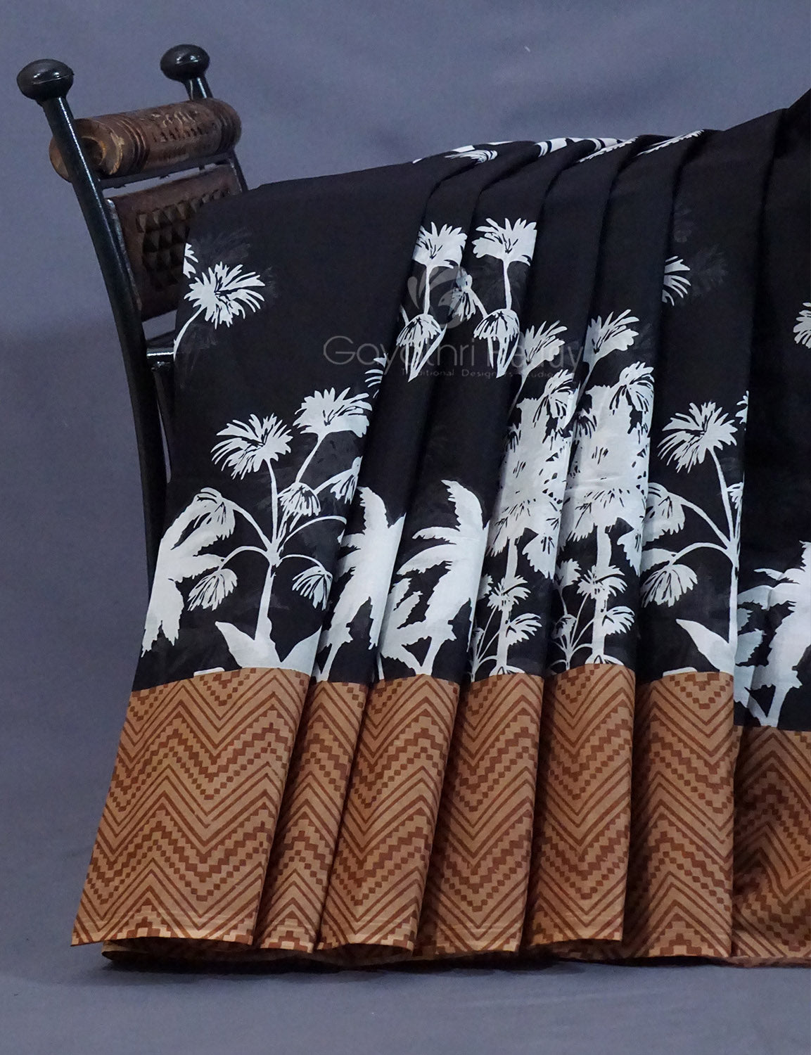 Black And Chikoo Colour Block Print Pure Mulmul Cotton Saree By Gayathri Reddy Designer Studio - Distacart