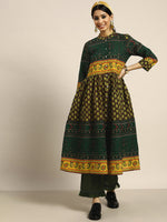 Thumbnail for Sangria Women Green & Yellow Pure Cotton Ethnic Motifs Printed A-Line Kurta - Distacart