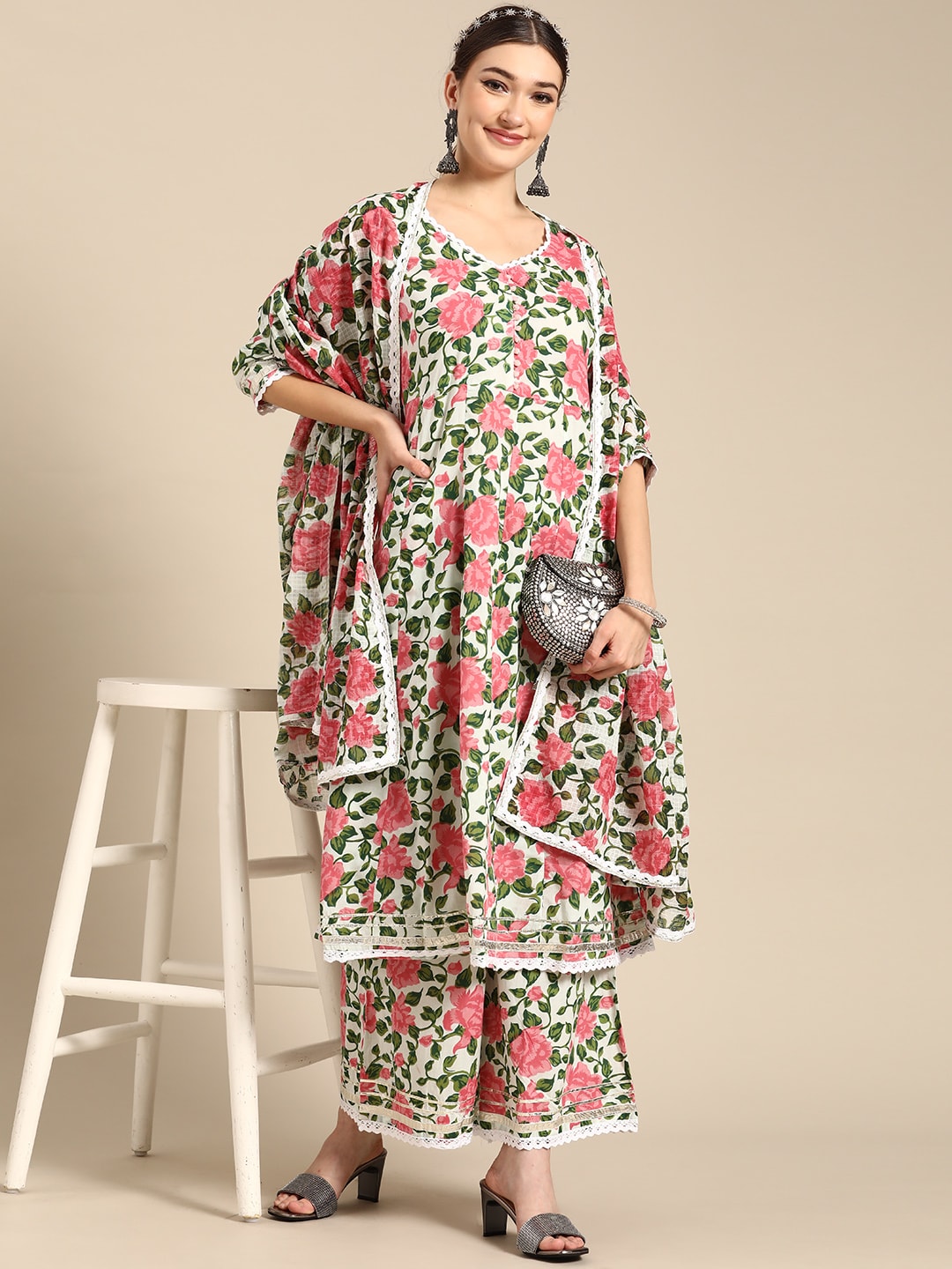 Sangria Women Pink Floral Printed Lace Inserts Pure Cotton Kurta with Sharara & Dupatta - Distacart