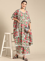 Thumbnail for Sangria Women Pink Floral Printed Lace Inserts Pure Cotton Kurta with Sharara & Dupatta - Distacart