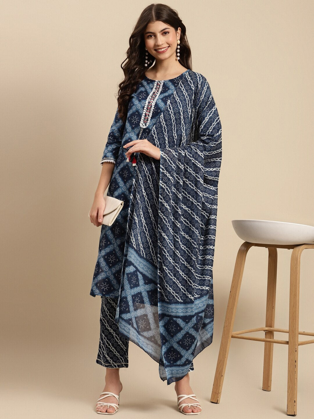Sangria Indigo Blue Geometric Printed Pure-Cotton Straight Kurta With Trouser & Dupatta - Distacart