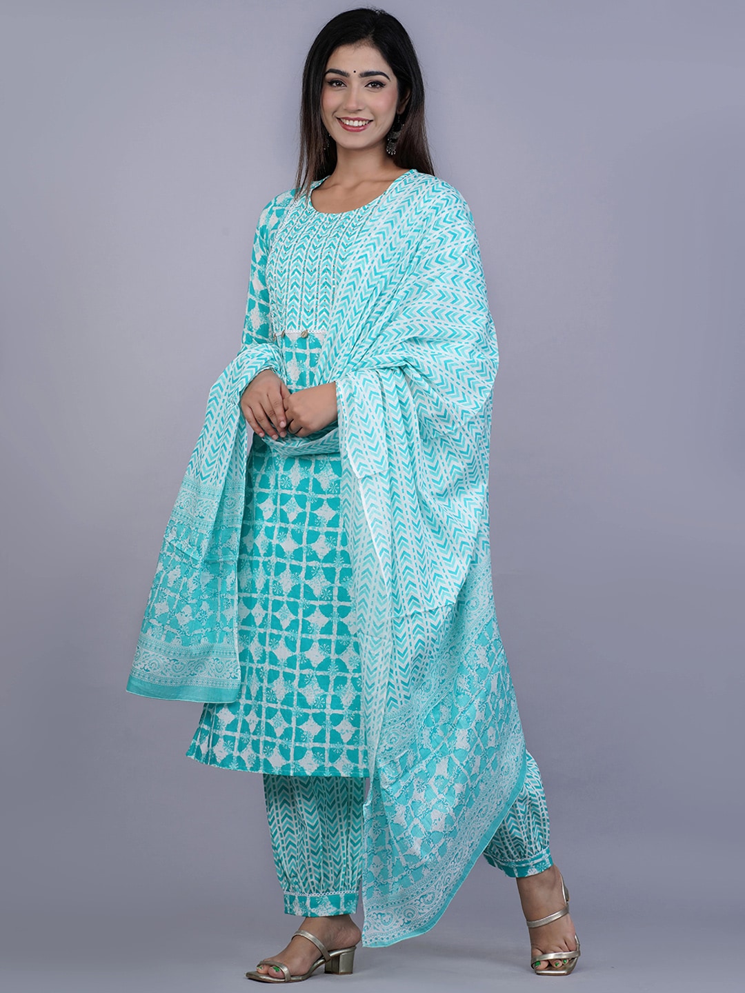 Kalini Women Turquoise Blue Printed Pure Cotton Kurta with Salwar & With Dupatta - Distacart