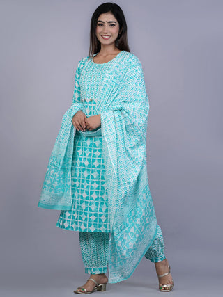Kalini Women Turquoise Blue Printed Pure Cotton Kurta with Salwar & With Dupatta - Distacart