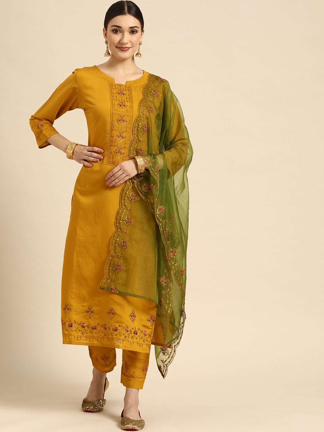 Sangria Women Mustard Yellow & Green Ethnic Motifs Embroidered Cotton Kurta Set - Distacart
