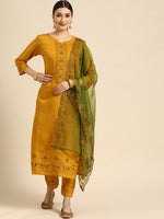 Thumbnail for Sangria Women Mustard Yellow & Green Ethnic Motifs Embroidered Cotton Kurta Set - Distacart