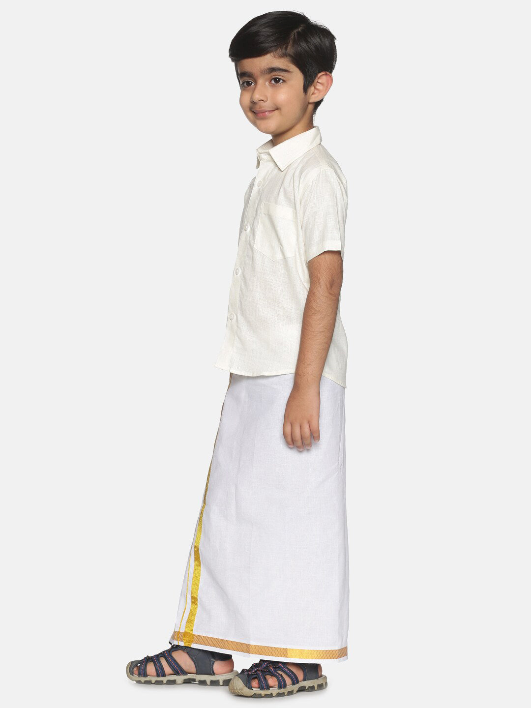 Sethukrishna Boys Cream-Coloured & Gold-Toned Pure Cotton Shirt with Dhoti - Distacart