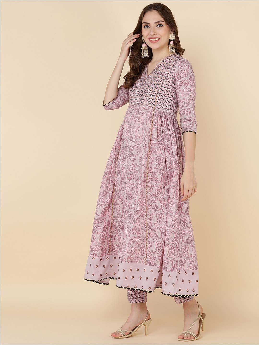 HERE&NOW Women Pink Floral Embroidered Pure Cotton Kurta with Trousers & Dupatta - Distacart