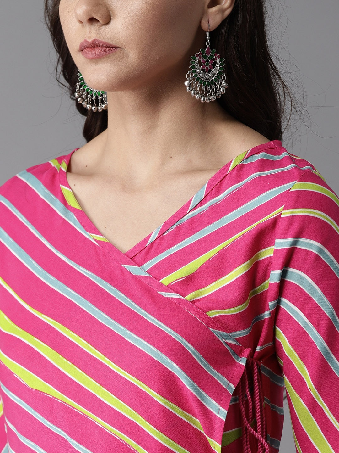 HERE&NOW Women Stripes & Tie-Up A-Line Viscose Kurta - Distacart