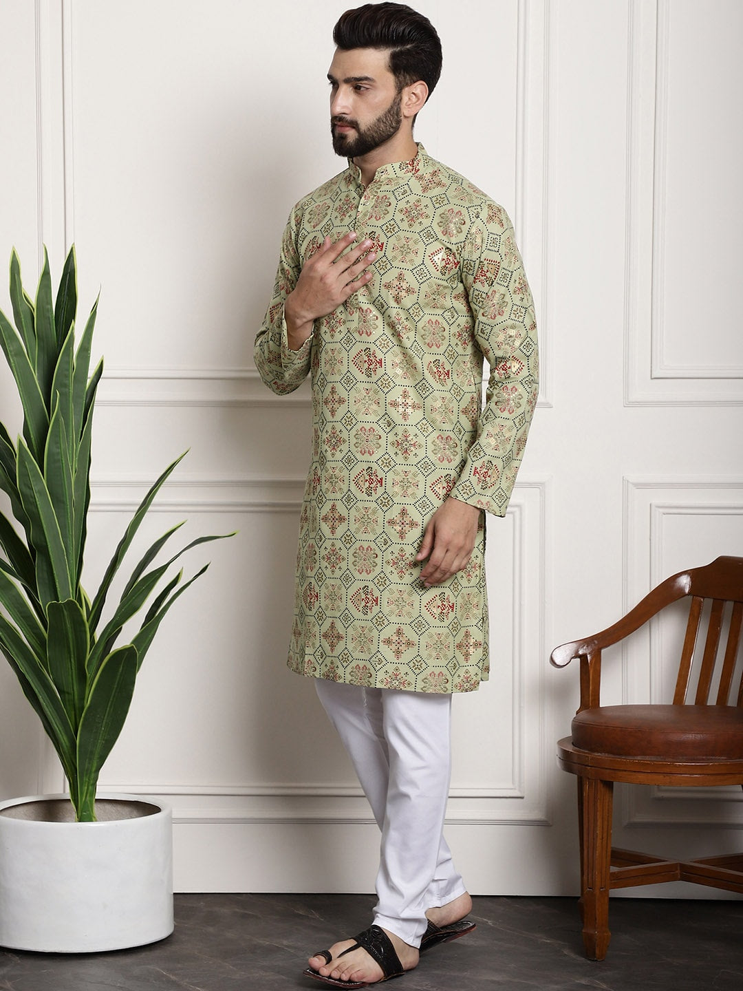 Sojanya Men Green Printed Cotton Linen Kurta with Churidar - Distacart