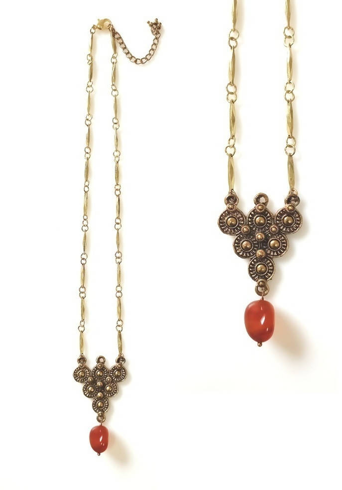 Bling Accessories Brass Finish Metal Carnelian Agate Semi Precious Stone Pendant Necklace