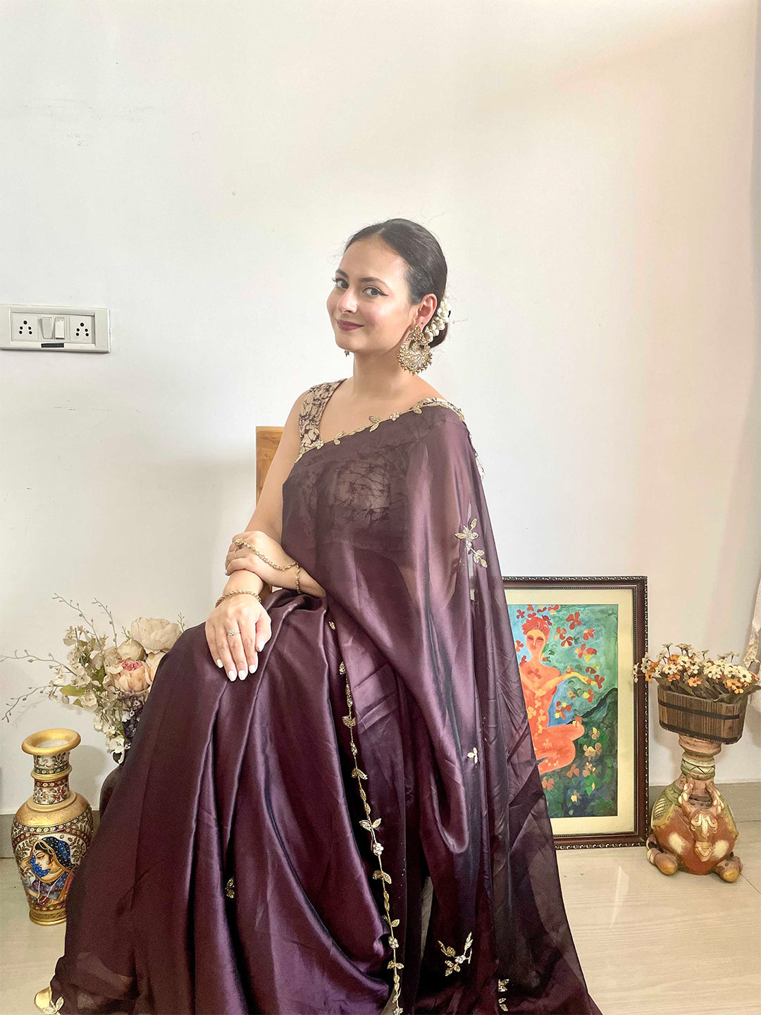 Mitera Brown & Gold-Toned Floral Embroidered Saree - Distacart
