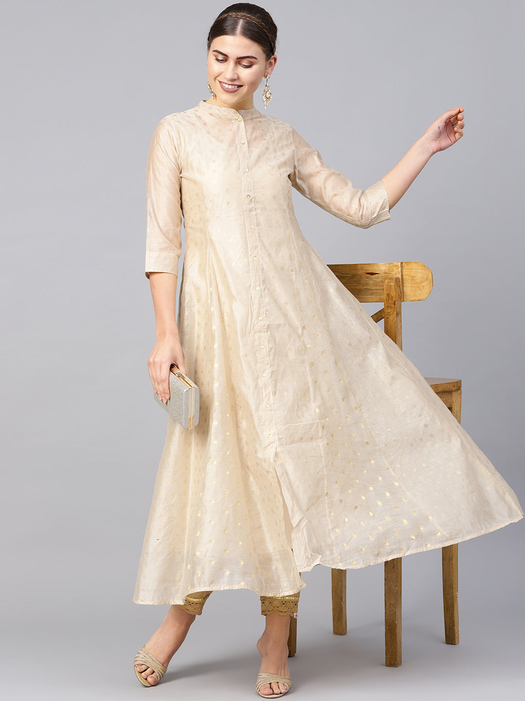 Juniper Womens Beige Chanderi Foil Print Kurta - Distacart