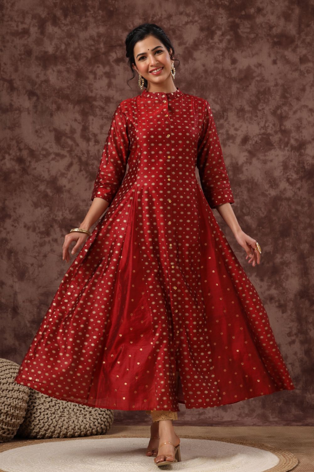 Juniper Womens Maroon Chanderi Foil Print Kurta - Distacart