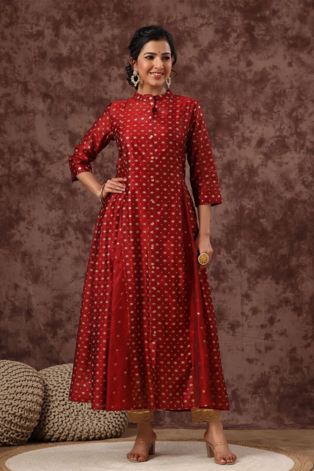 Juniper Womens Maroon Chanderi Foil Print Kurta - Distacart