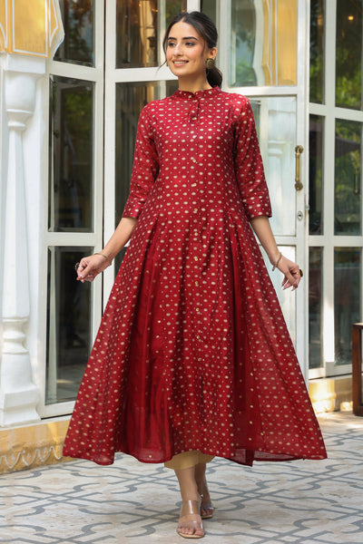 Juniper Women's Maroon Chanderi Silk Printed Anarkali Kurta - Distacart