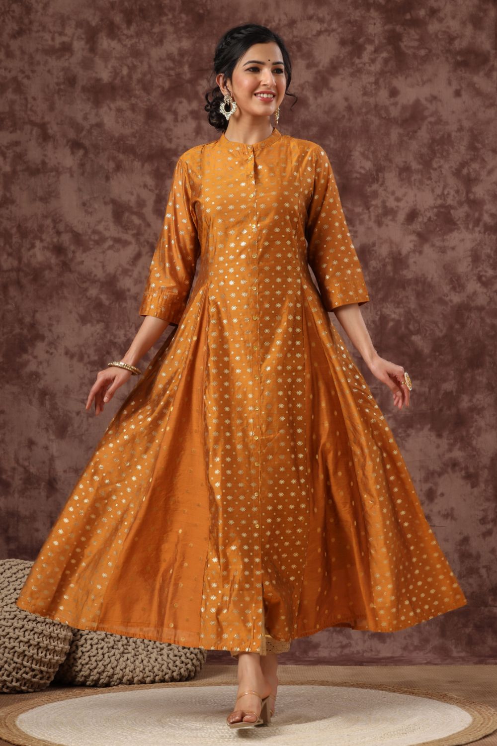 Juniper Womens Mustard Chanderi Foil Print Kurta - Distacart