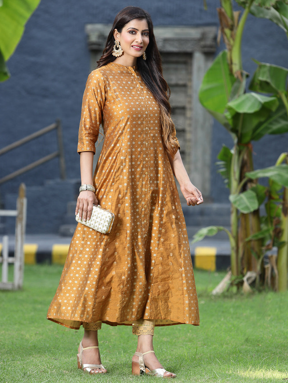 Juniper Women's Mustard Chanderi Silk Printed Anarkali Kurta - Distacart