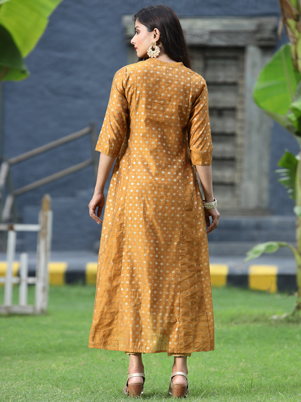 Juniper Women's Mustard Chanderi Silk Printed Anarkali Kurta - Distacart