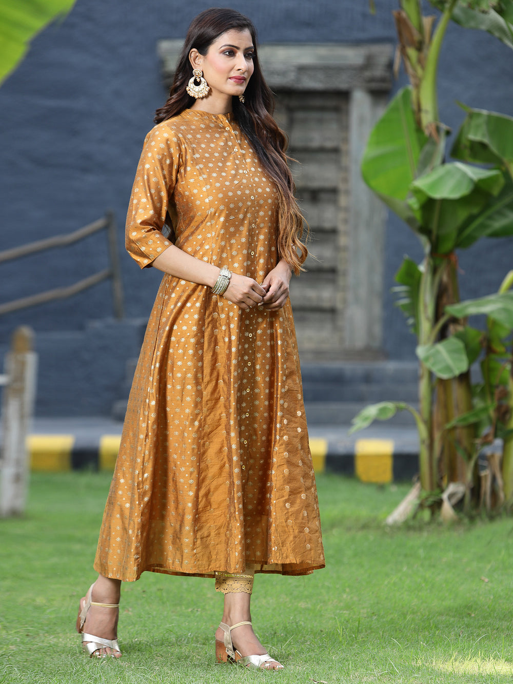 Juniper Women's Mustard Chanderi Silk Printed Anarkali Kurta - Distacart