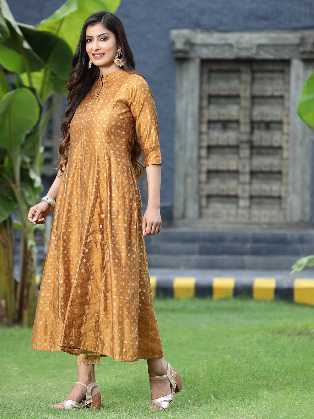 Juniper Women's Mustard Chanderi Silk Printed Anarkali Kurta - Distacart